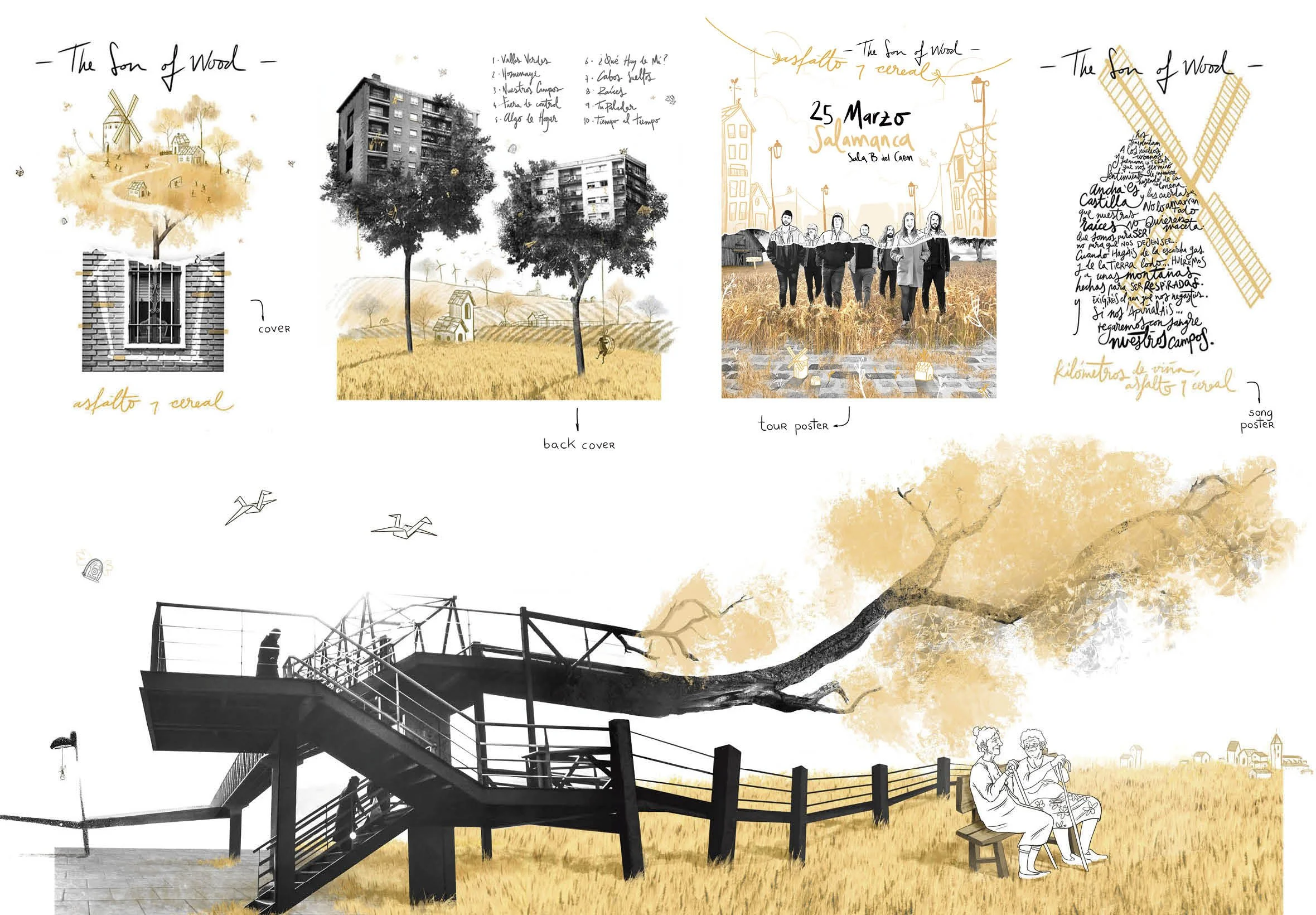 Collage con ilustraciones y fotos relacionadas con la naturaleza y la cultura rural. Proyecto de ilustración para el grupo The Son of Wood, de Salamanca