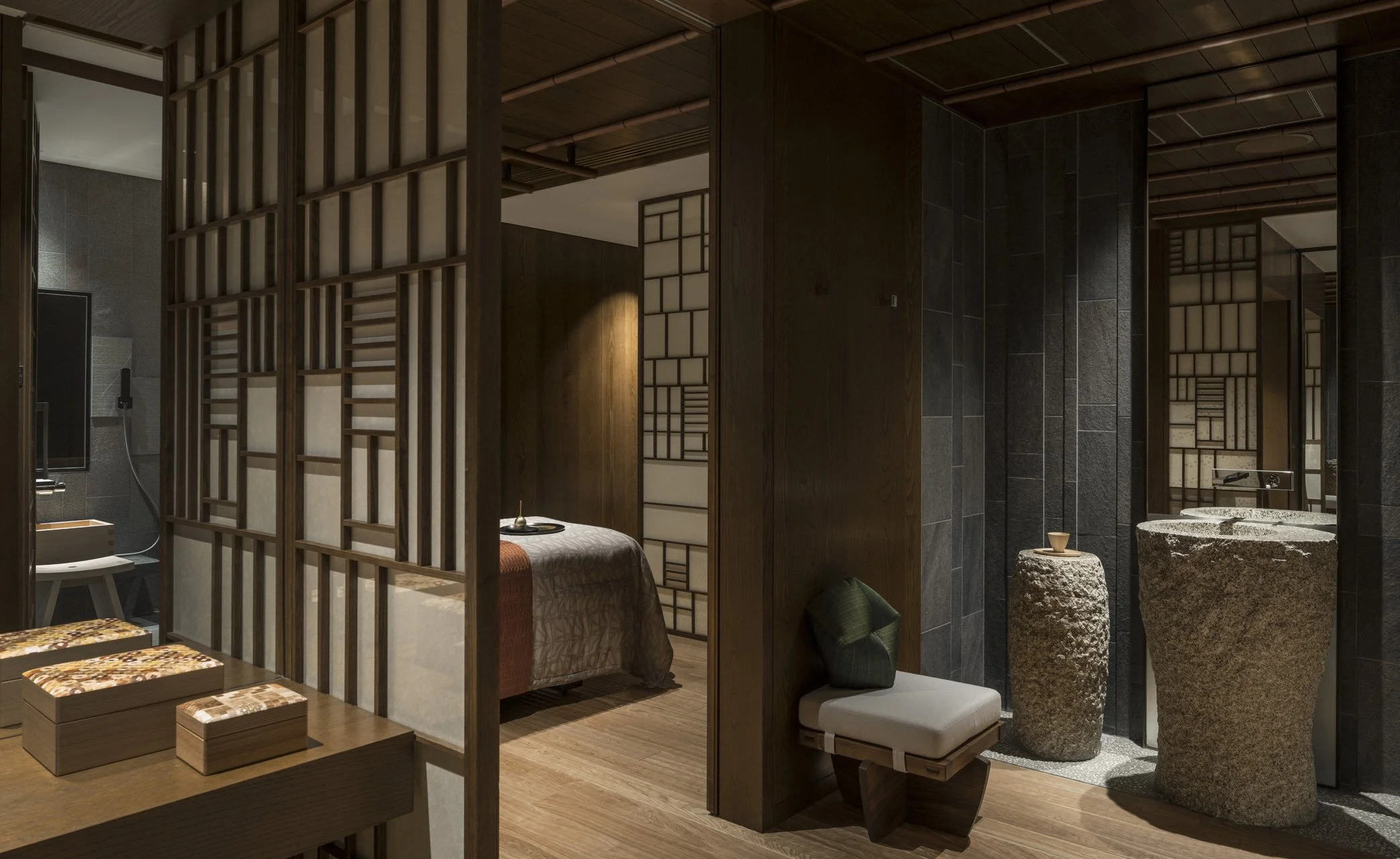 Interior of a room with wooden dividers, a spa that shoshana developed