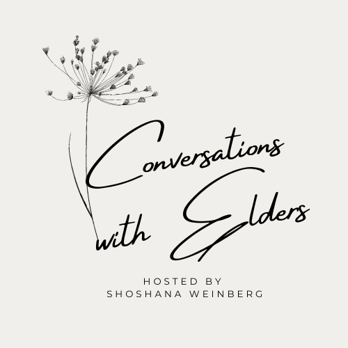 A minimalist graphic with a simple line drawing of a flower and the text 'Conversations with Elders' hosted by Shoshana Weinberg.