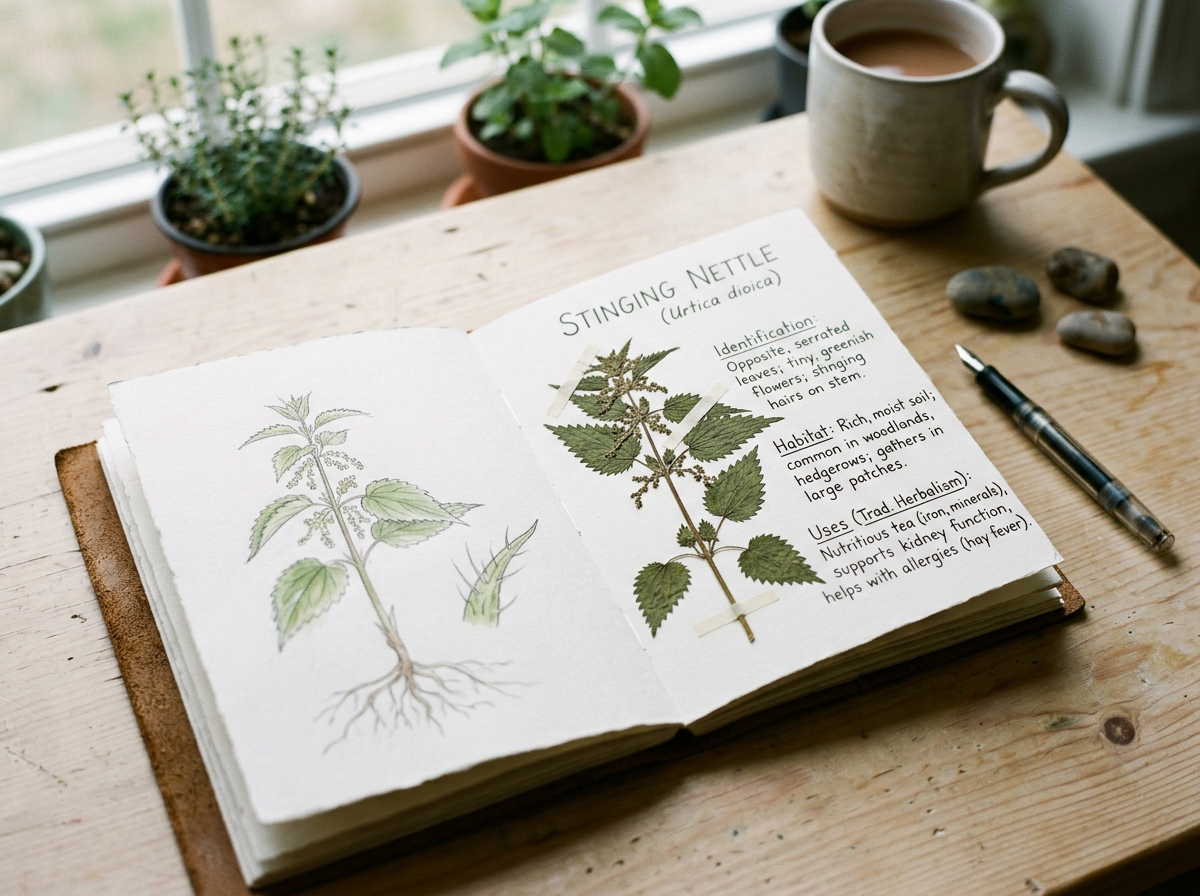 An open botanical book on a wooden table, featuring information about stinging nettle with illustrations and a photograph of the plant. Surrounding the book are potted plants, a mug with a hot beverage, a pen, and some rocks.