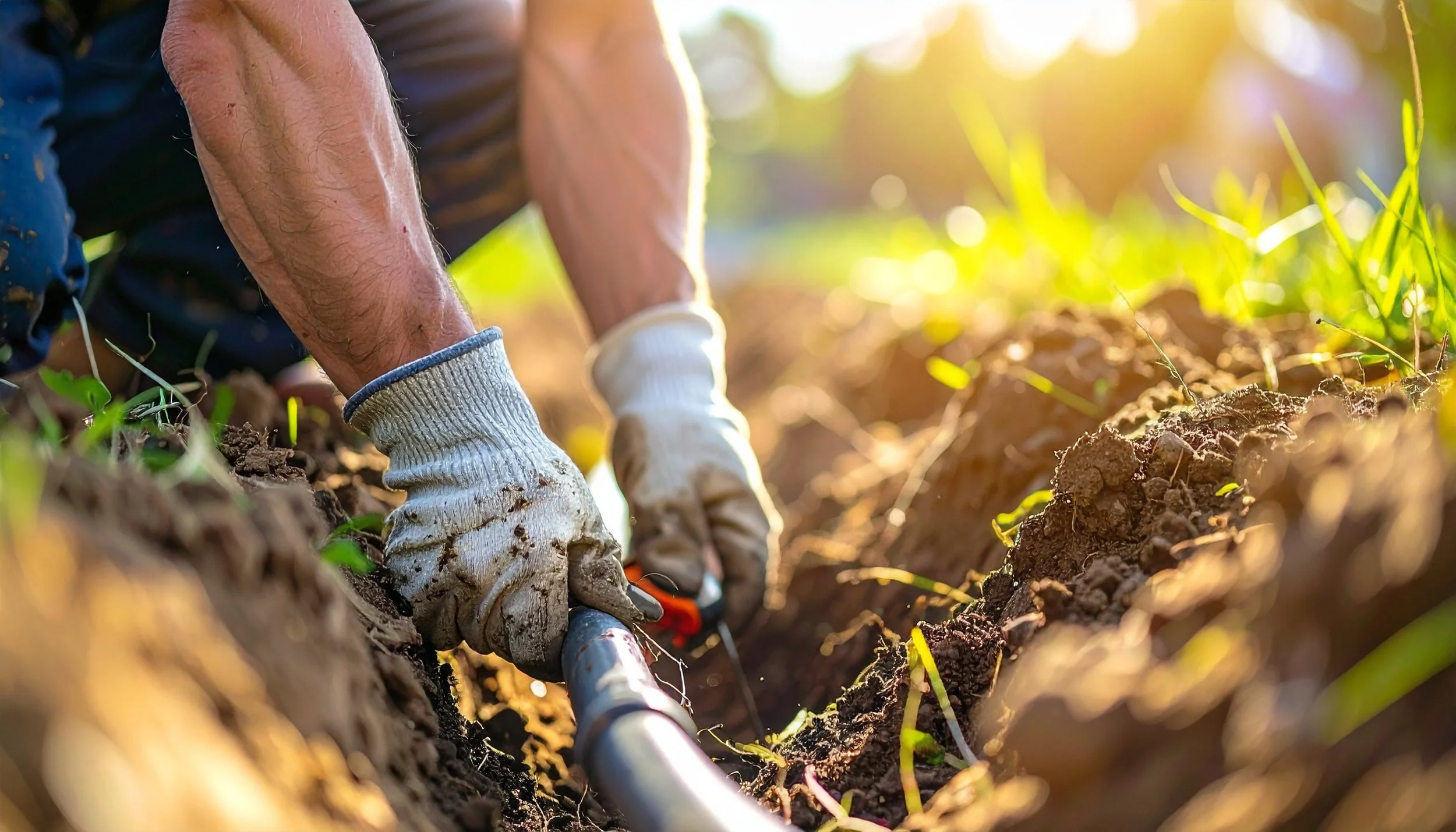 Irrigation technician installing underground sprinkler pipe in Menomonee Falls, WI