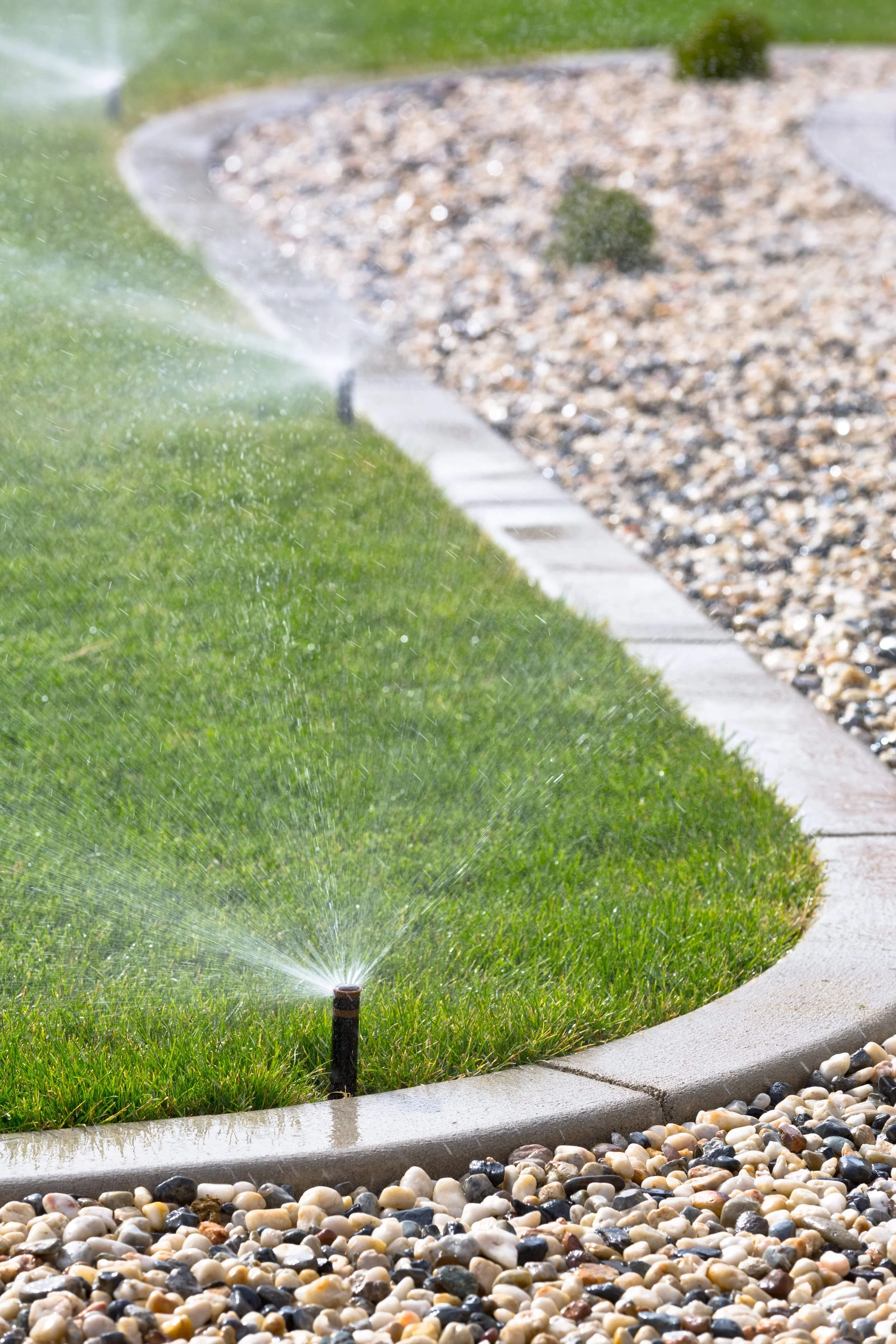 Sprinkler head watering a newly planted landscape bed in Menomonee Falls, WI