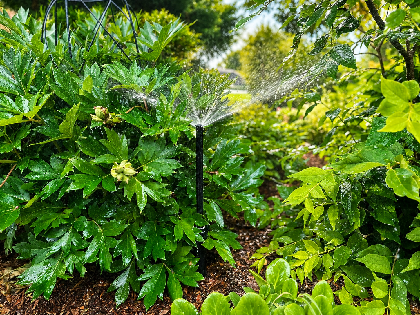 Irrigation system watering shrubs and lawn in Menomonee Falls, WI