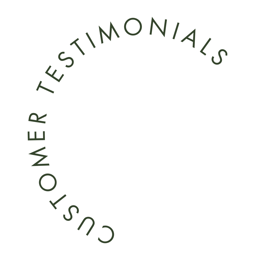 Circular logo with the text "Customer Testimonials" around the top and "Your Satisfaction, Our Priority" around the bottom in green on a black background.
