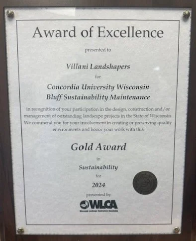 Award of Excellence certificate for Villani Landshapers from Concordia University Wisconsin for Bluff Sustainability Maintenance, 2024, presented by OMLA.