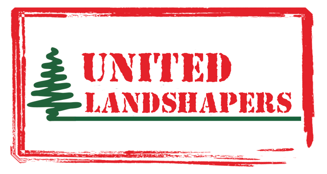 Sign with the words 'United Landshapes' and a green stylized tree on the left side.