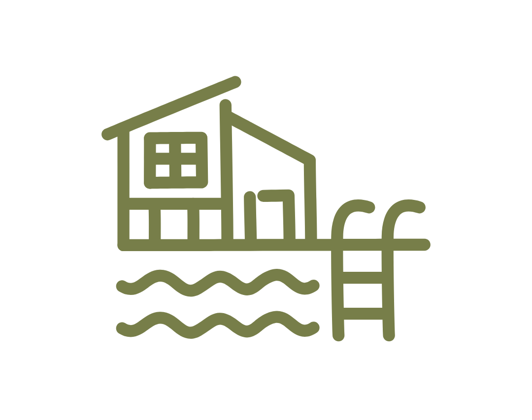 Line drawing of a house on stilts over water with a dock and ladder