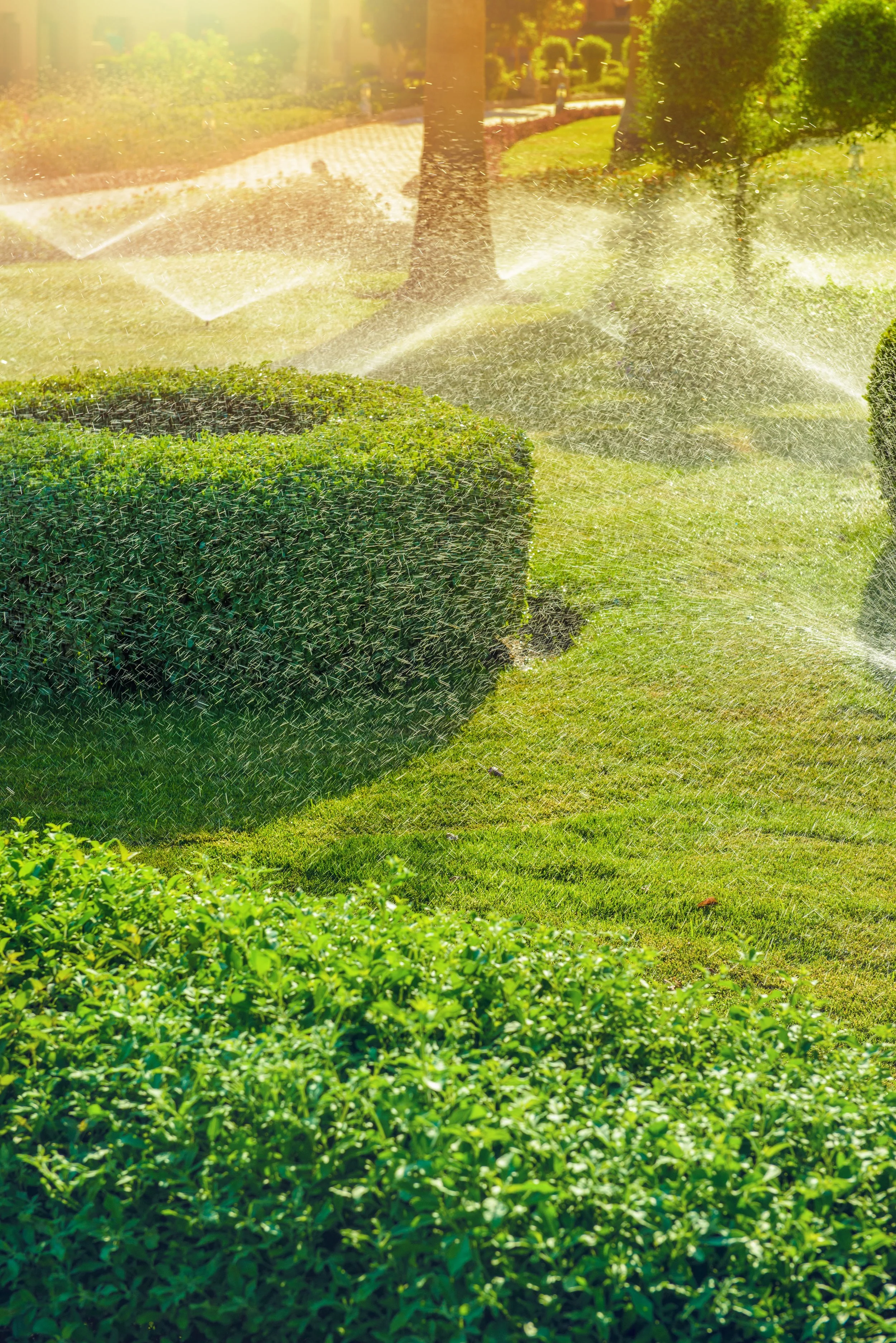 Irrigation system watering shrubs and lawn in Menomonee Falls, WI