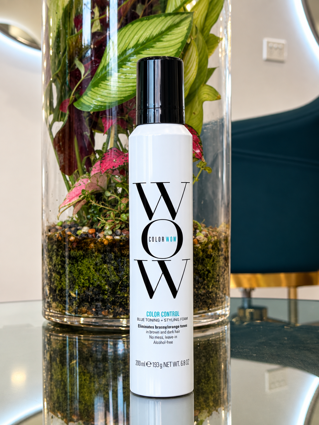 COLOR WOW Color Control Blue Toning + Styling Foam – Anti-Brass Corrector for Dark Blonde & Brunette Hair