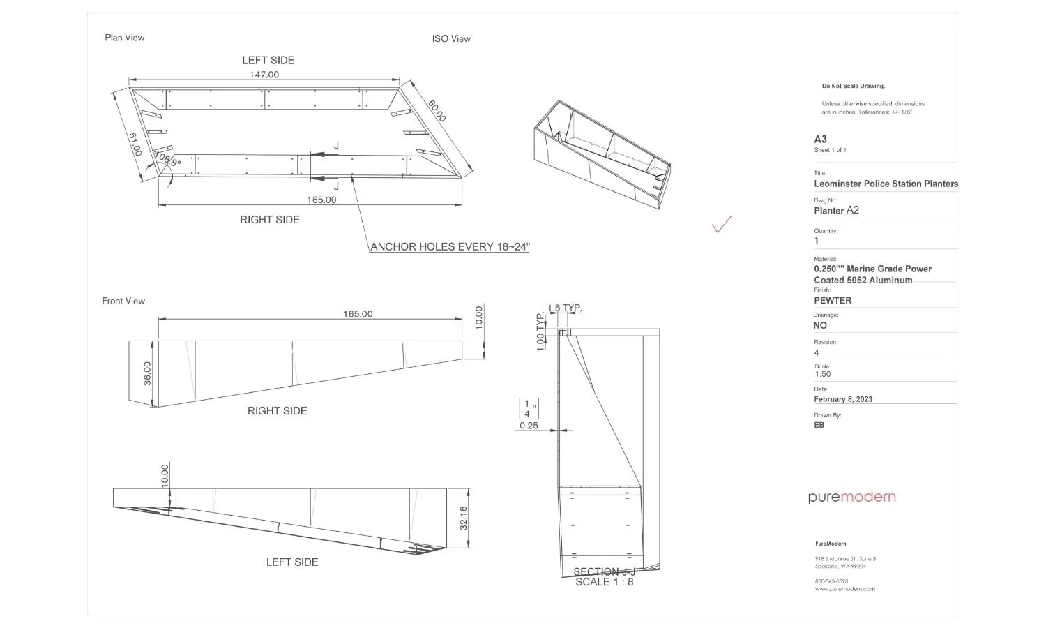ISO View of Custom Metal Planters at Leominster Police Station