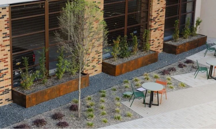 Custom Corten Steel Planters in Courtyard