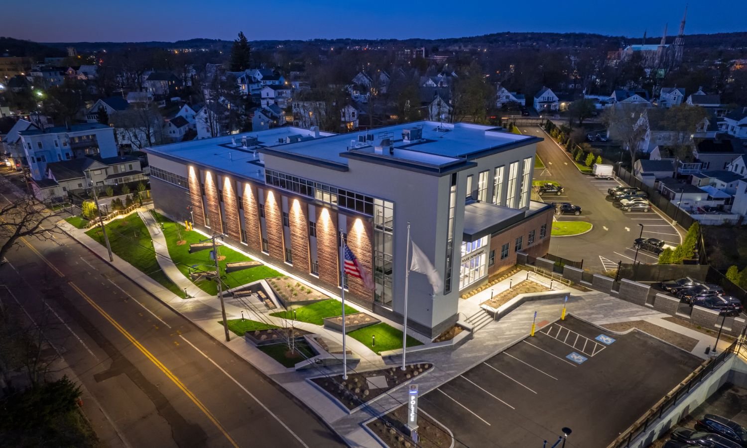 Custom metal planters at a police station