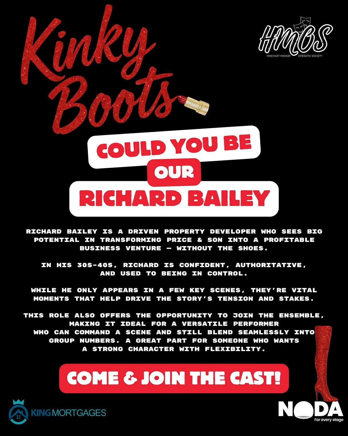 🎭 CASTING CALL! 🎭
COULD YOU BE OUR RICHARD BAILEY?

We&rsquo;re on the hunt for a versatile performer to take on the role of Richard Bailey in &lsquo;Kinky Boots&rsquo;! 👞✨

💼 A sharp, confident property developer in his 30s&ndash;40s
🎭 Strong, 