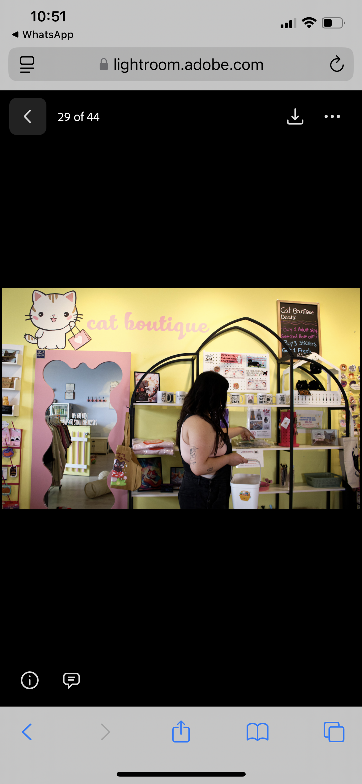 Interior of a colorful cat boutique shop with a woman browsing items, pink and yellow walls, and whimsical cat-themed decor.