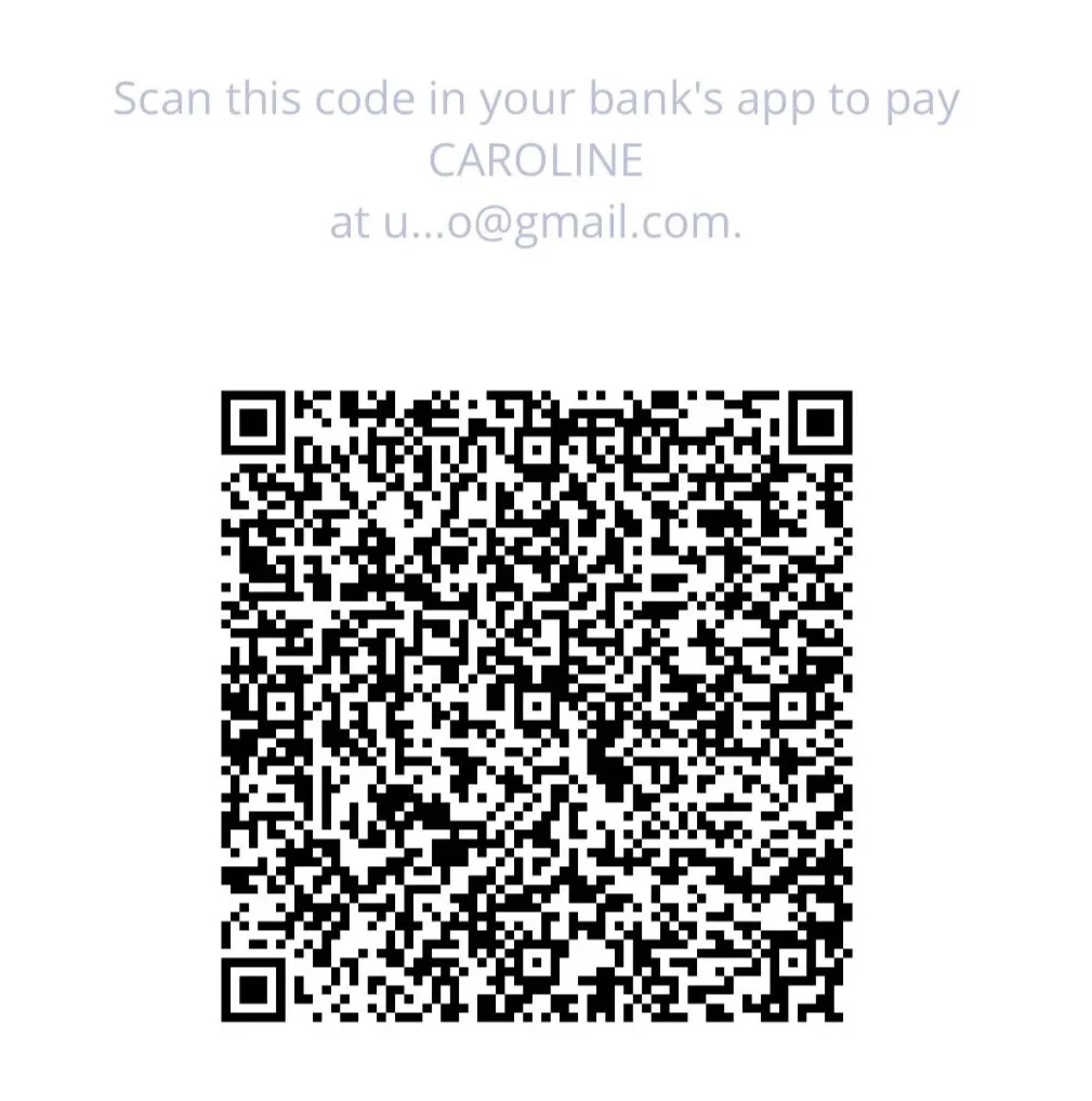 A digital payment request with a QR code, instructing to scan it in the bank's app to pay Caroline at her email address, u...o@gmail.com.