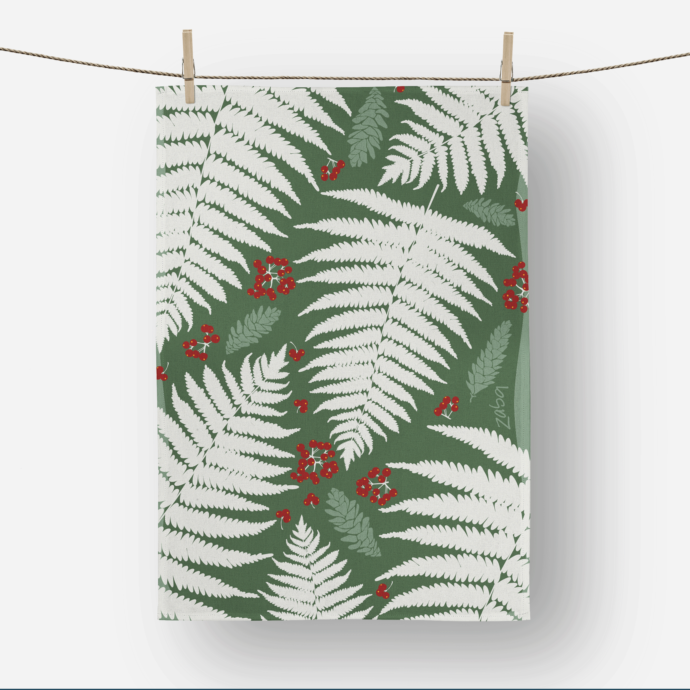 Ferns & Red Berries on Forest Green