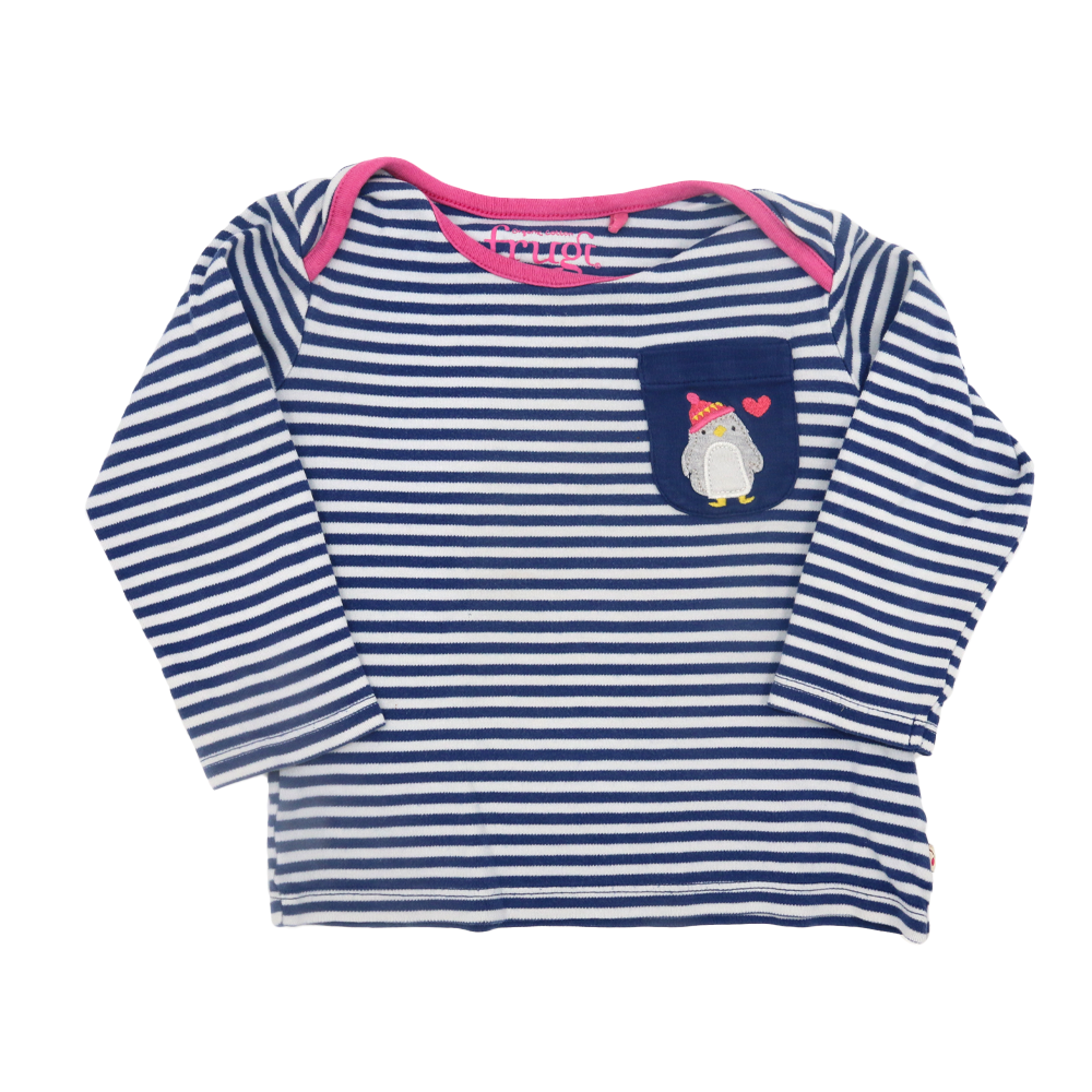 Frugi Langarmshirt Blau-Weiß gestreift Pinguin 86/92