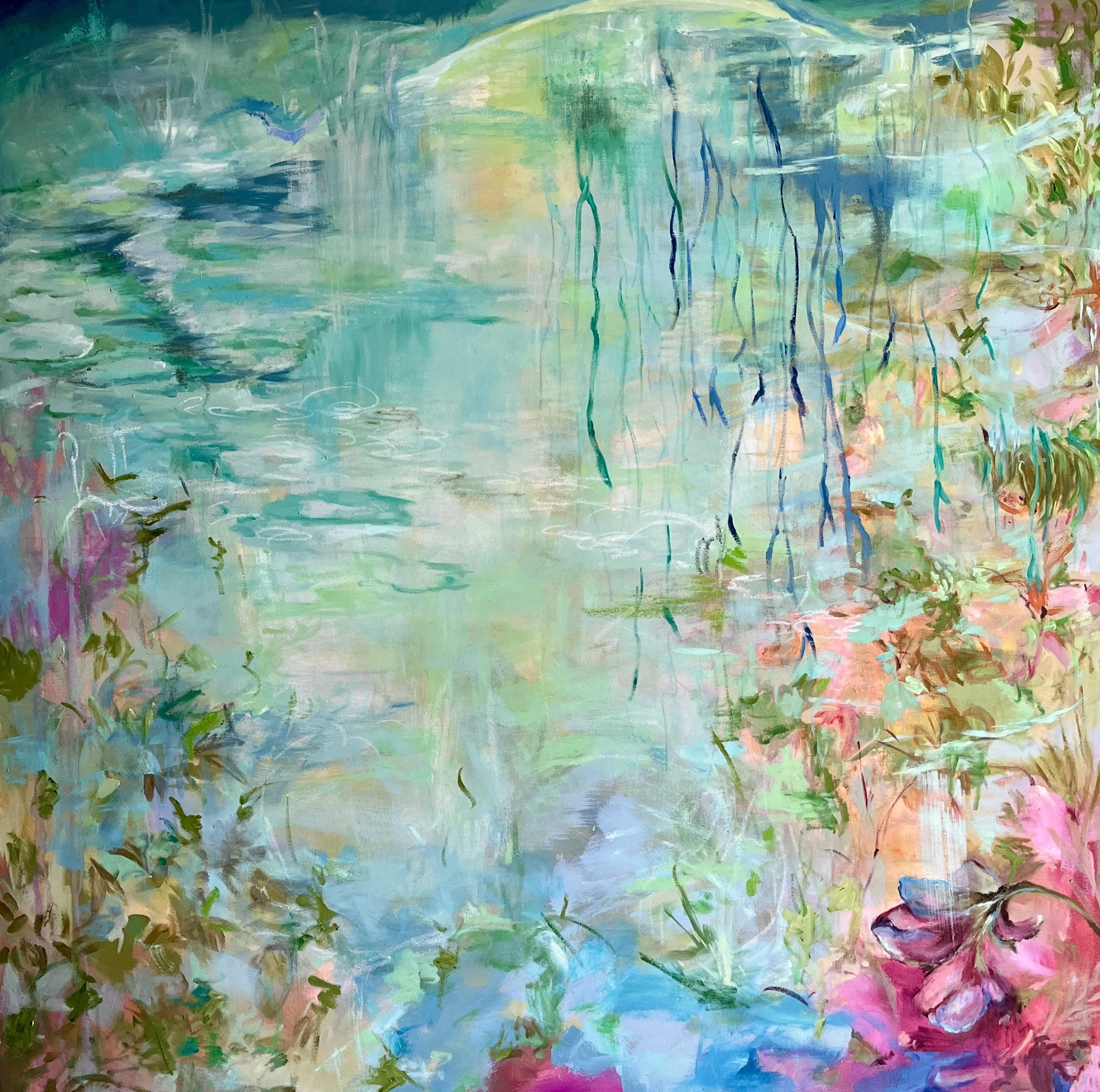 And the Puddles Flew Below, oil paint and oil stick on canvas. 48X48X1.5 D inches