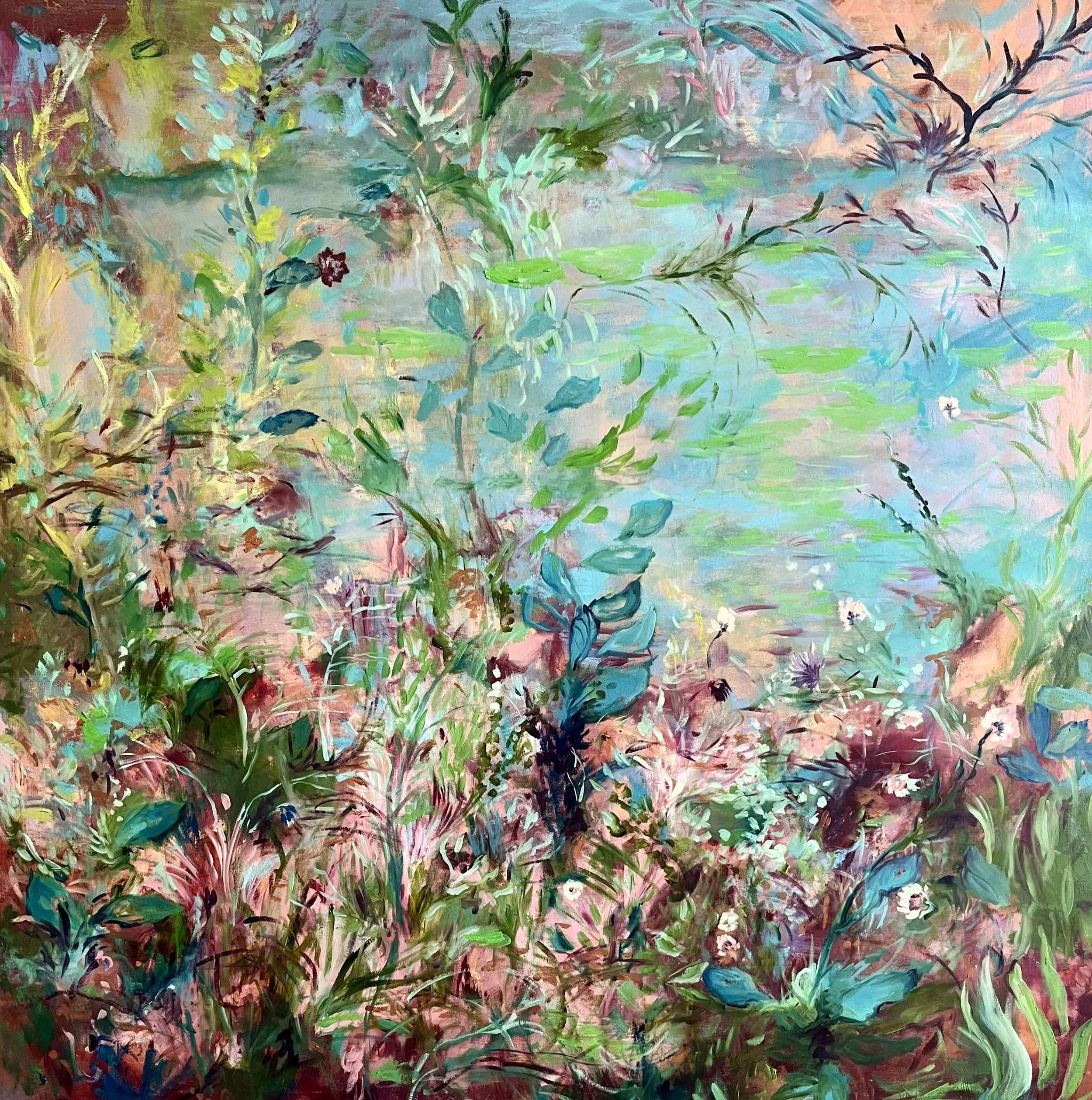 Don't Think Too Hard, Oil paint and oil stick on canvas, 48 X 48X 1.5 D inches