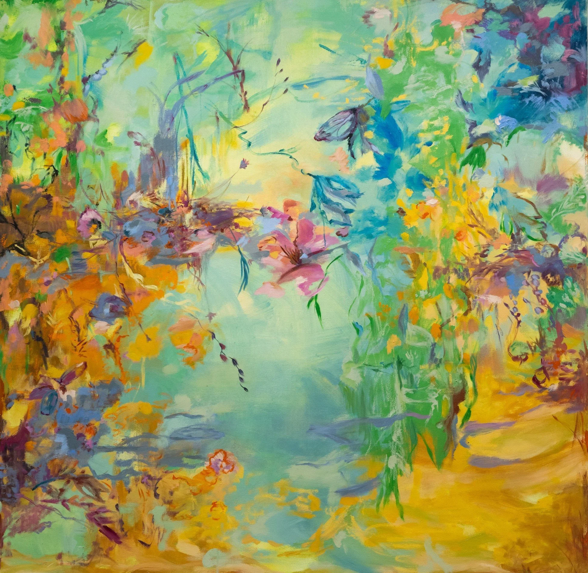 Your Lightness Pushes Me Down, oil paint and oil stick on canvas. 60 X 60 X 2.5 D inches