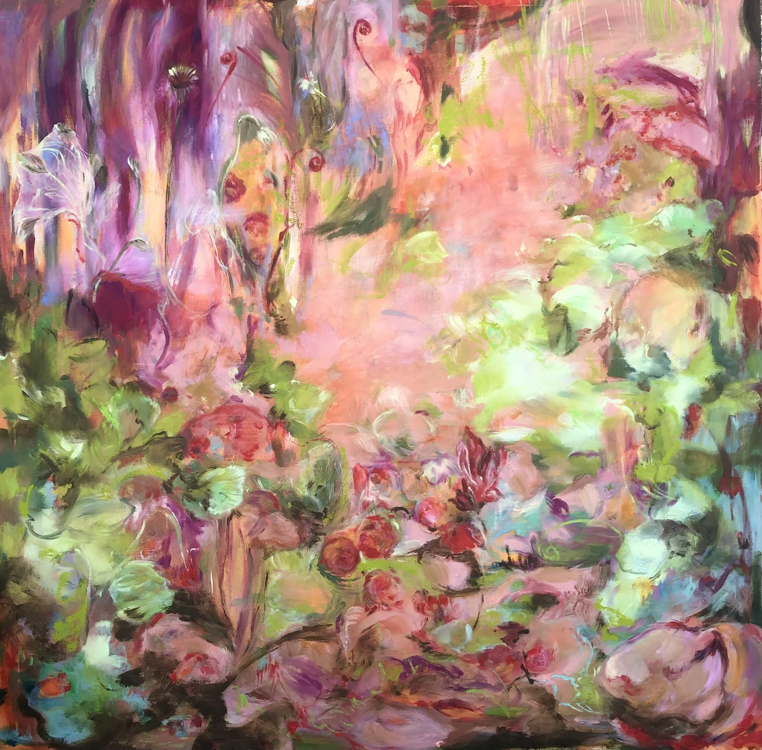Death By a Thousand Pink Flowers, oil paint, oil stick on canvas, 48H X 48 W X 1.5 D inches