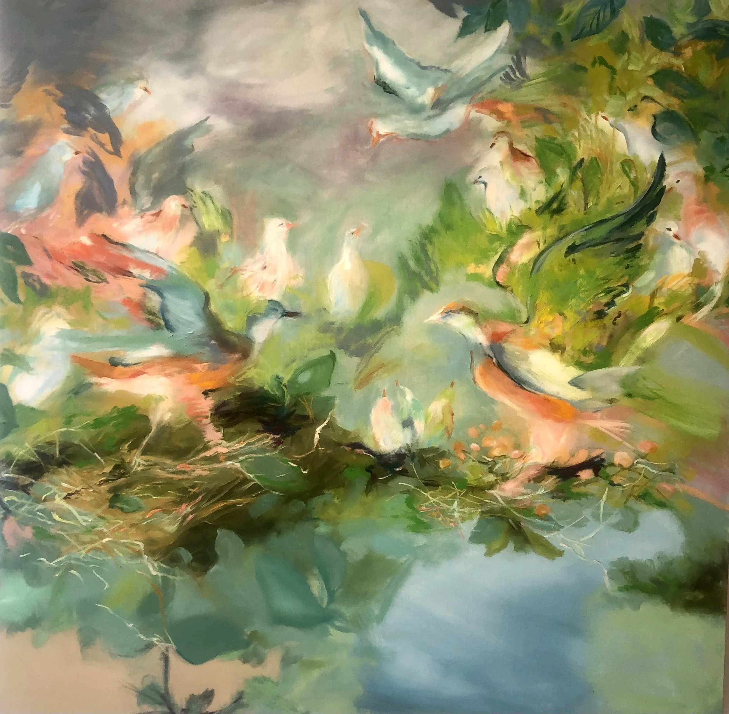 The Lovers Ended Their Quarrel With the Coming Storm. oil paint and oil stick on canvas. 55 X 55 X 2.5 D inches
