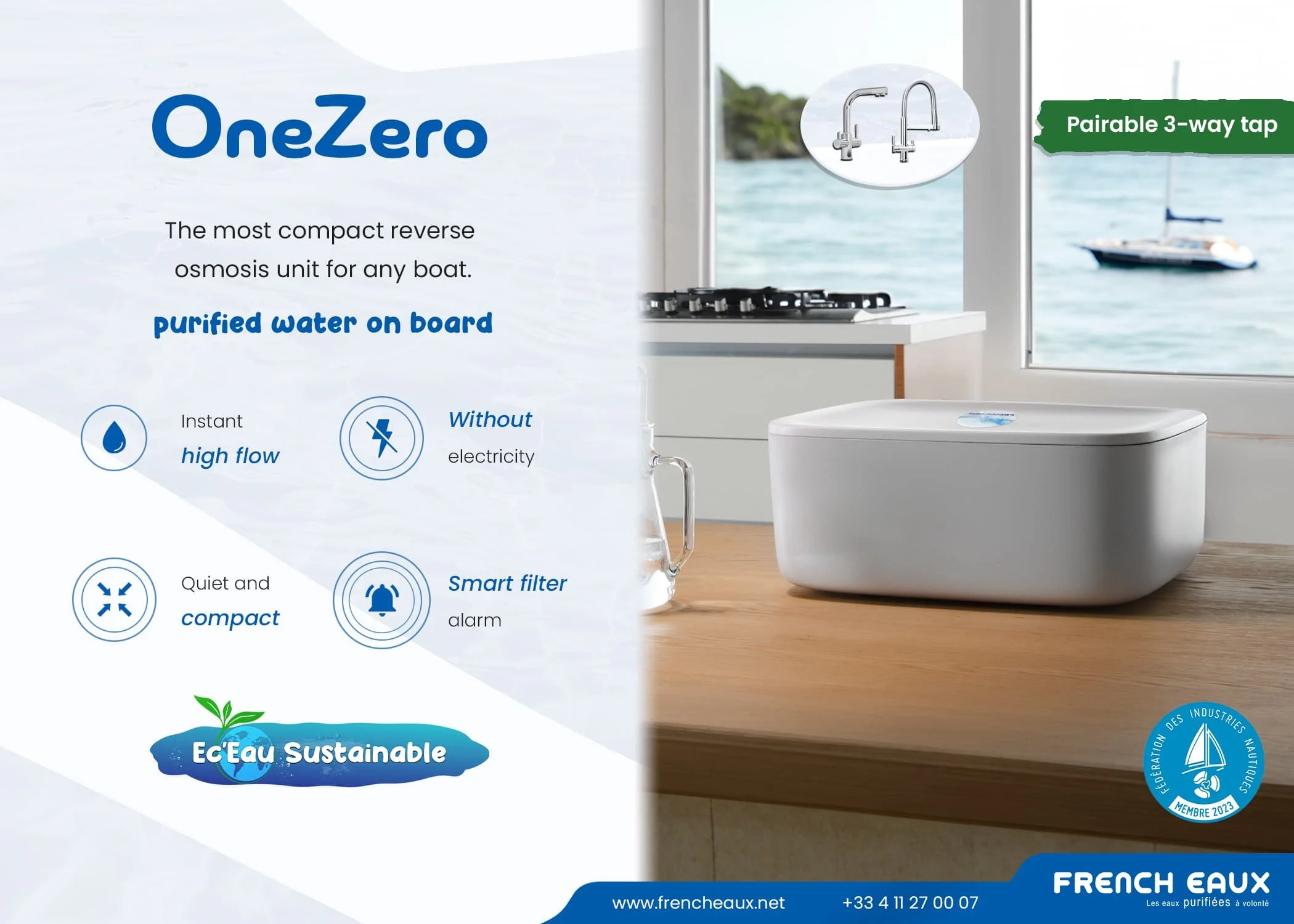 Product advertisement for OneZero reverse osmosis water filter with a kitchen scene showing a faucet, a stove, and a toilet. Includes icons highlighting features like instant high flow, no electricity needed, quiet and compact, smart filter alarm, and sustainable water.