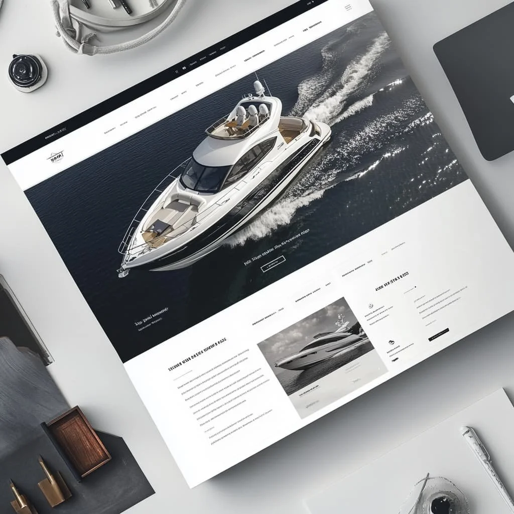 Flat lay of a desktop featuring a yacht website on a computer monitor, with a stylus and electronic devices nearby.