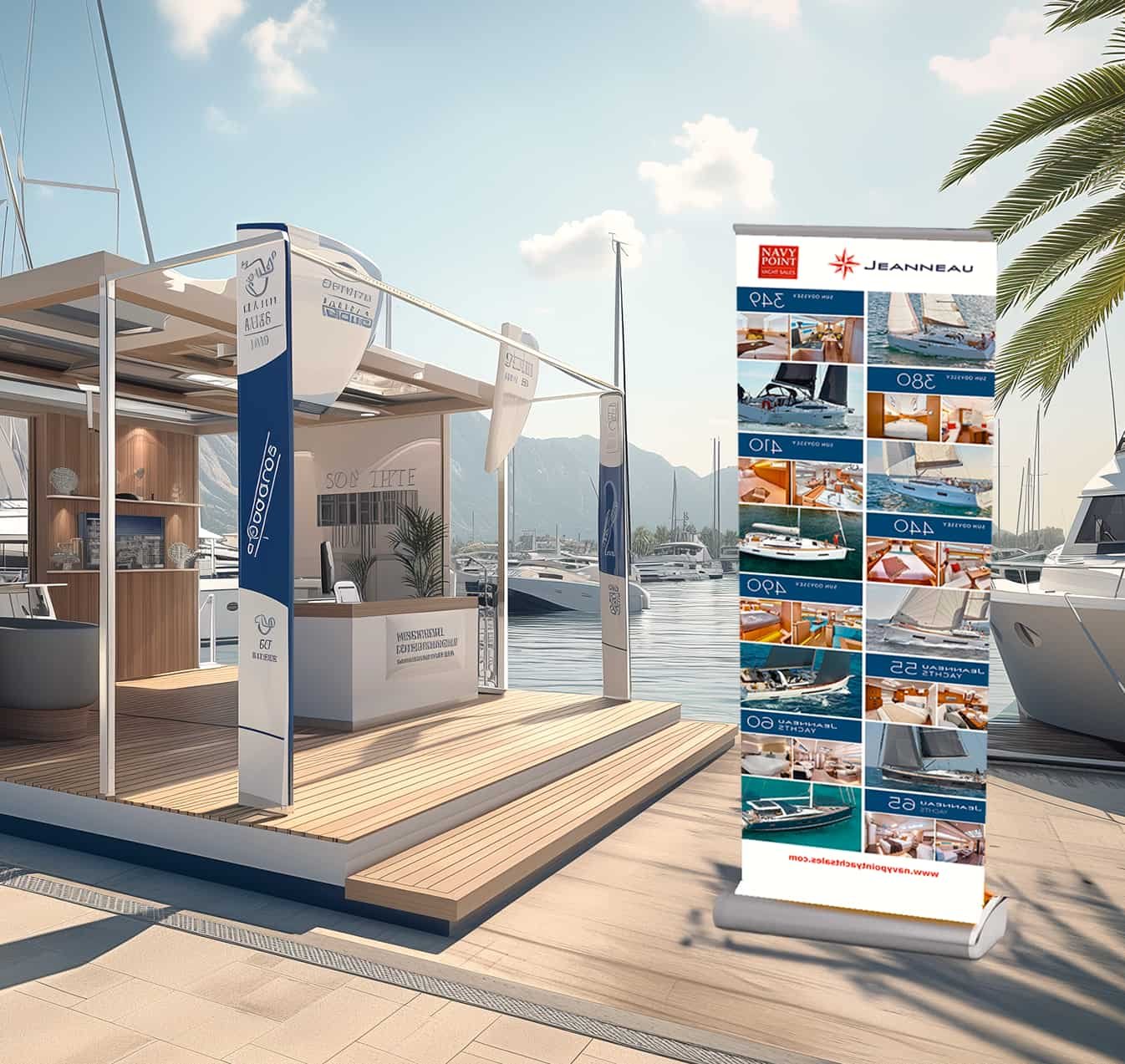 Outdoor boat exhibition setup with promotional booth and banner showcasing Jeanneau sailboats and yachts, dockside with marina in the background.