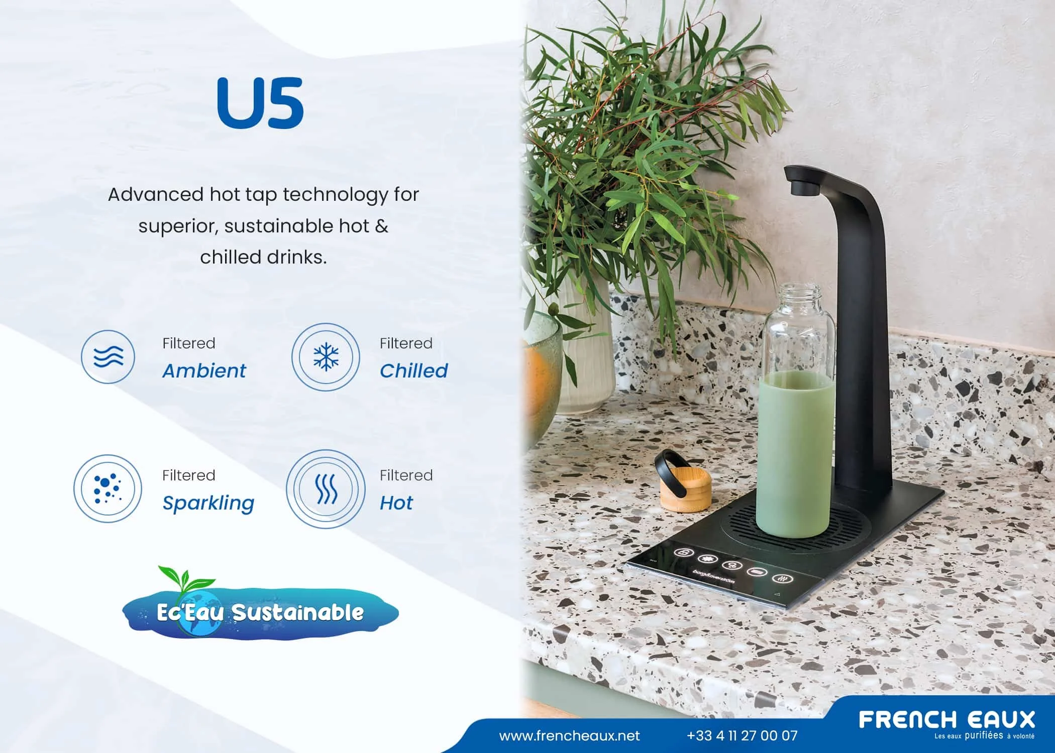 Part of an advertisement or brochure showing a kitchen sink area with a black faucet, a glass bottle, and a potted plant on a speckled countertop. The left side of the image contains text promoting water technology and sustainability, including phrases like 'Advanced hot tap technology,' 'Filtered Ambient,' and 'Filtered Chilled.'