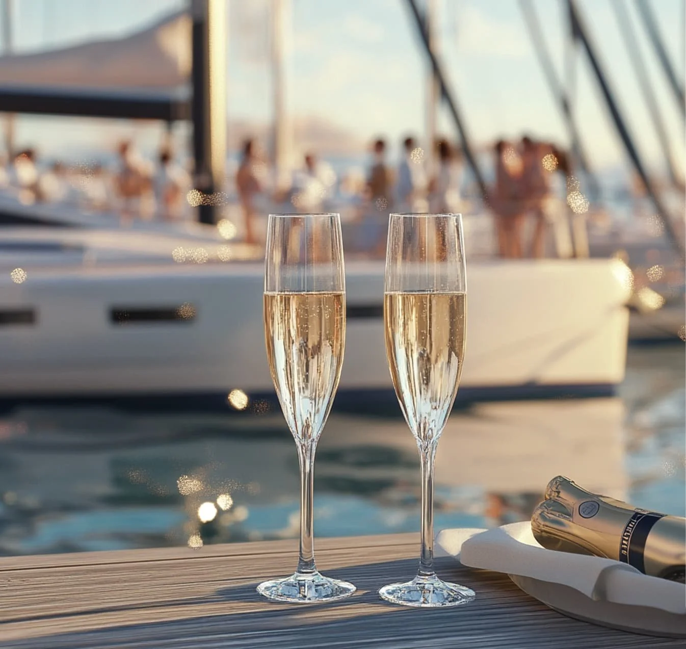 Two champagne glasses on a wooden table with a yacht and people in the background.