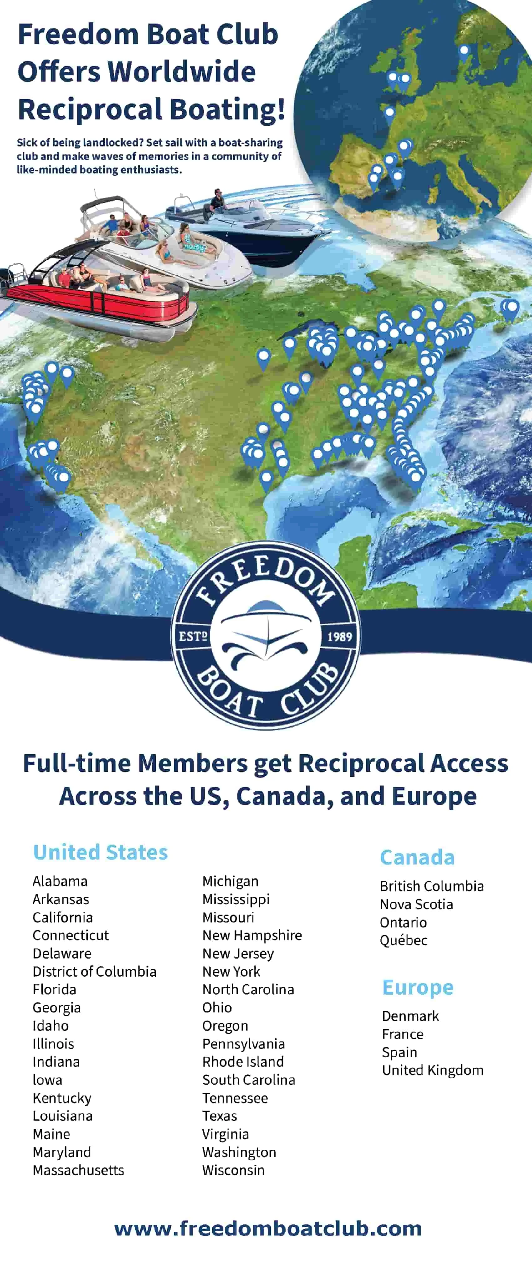 Map of the United States, Canada, and Europe with blue location markers indicating Freedom Boat Club's worldwide reciprocal boating locations; images of boats with people on water; Freedom Boat Club logo at the bottom; text about club membership benefits and locations.