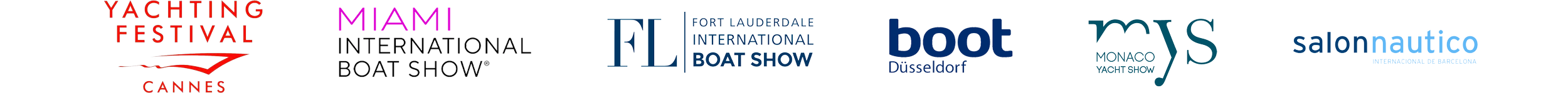 Logos of various international boat and yacht shows, including Cannes, Miami, Fort Lauderdale, Düsseldorf, Monaco, and Salonnáutico.