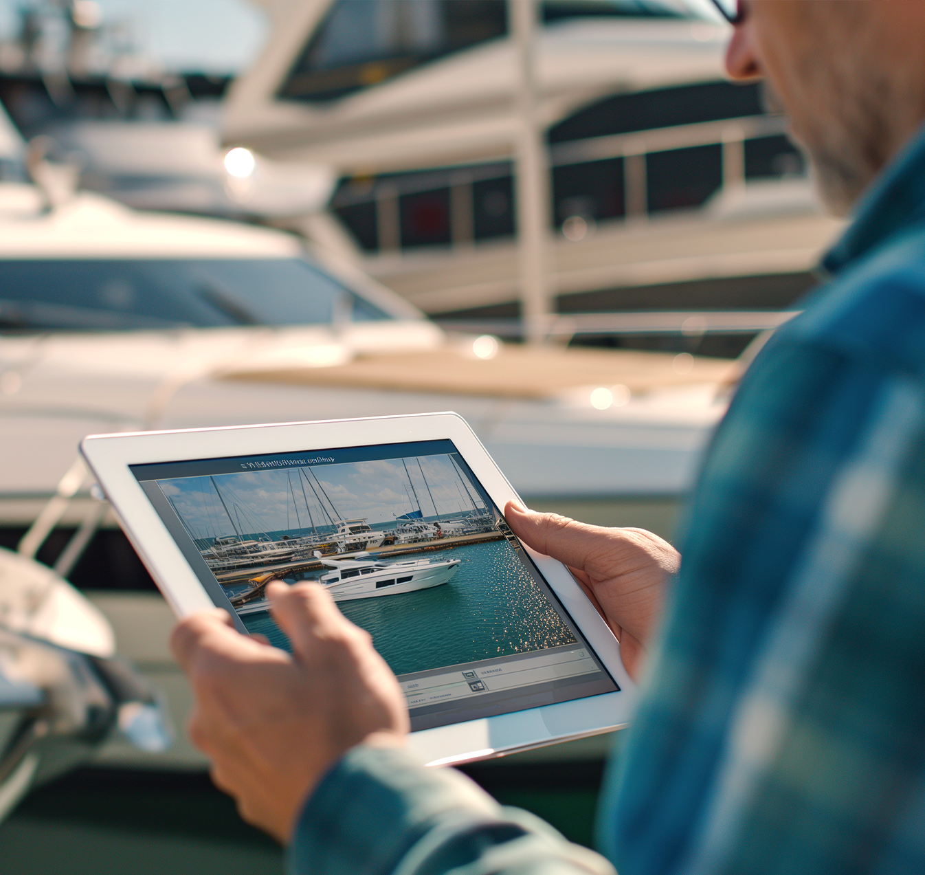 Person viewing yacht details on a tablet near a marina with boats in the background.