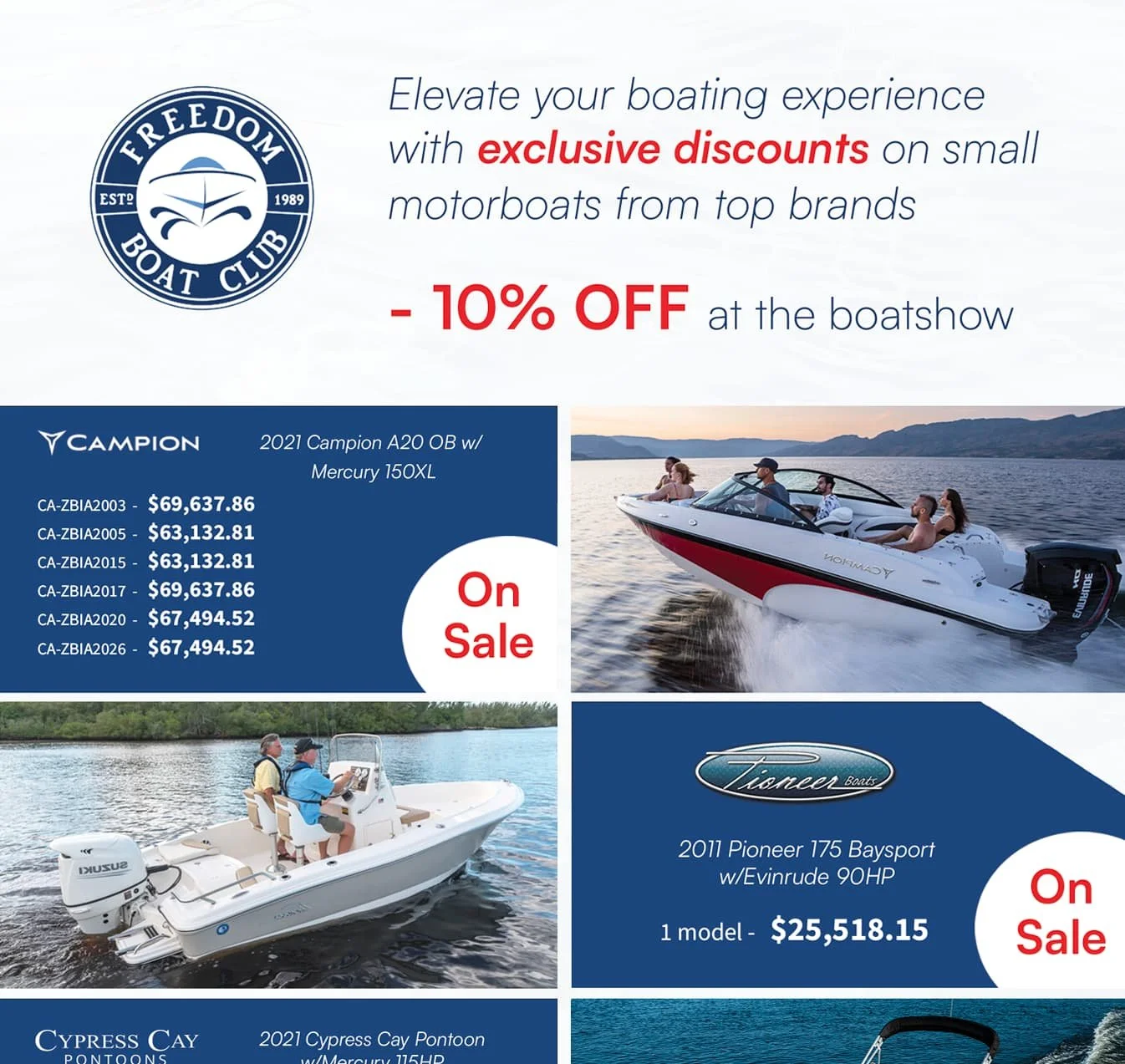 Boat sale advertisement featuring 10% discount on motorboats. Includes Freedom Boat Club logo, images of boats on water, and details about 2021 Campion A20 OB, 2011 Pioneer 175 Baysport, and 2021 Cypress Cay Pontoon with prices. Offers exclusive discounts for boat show.