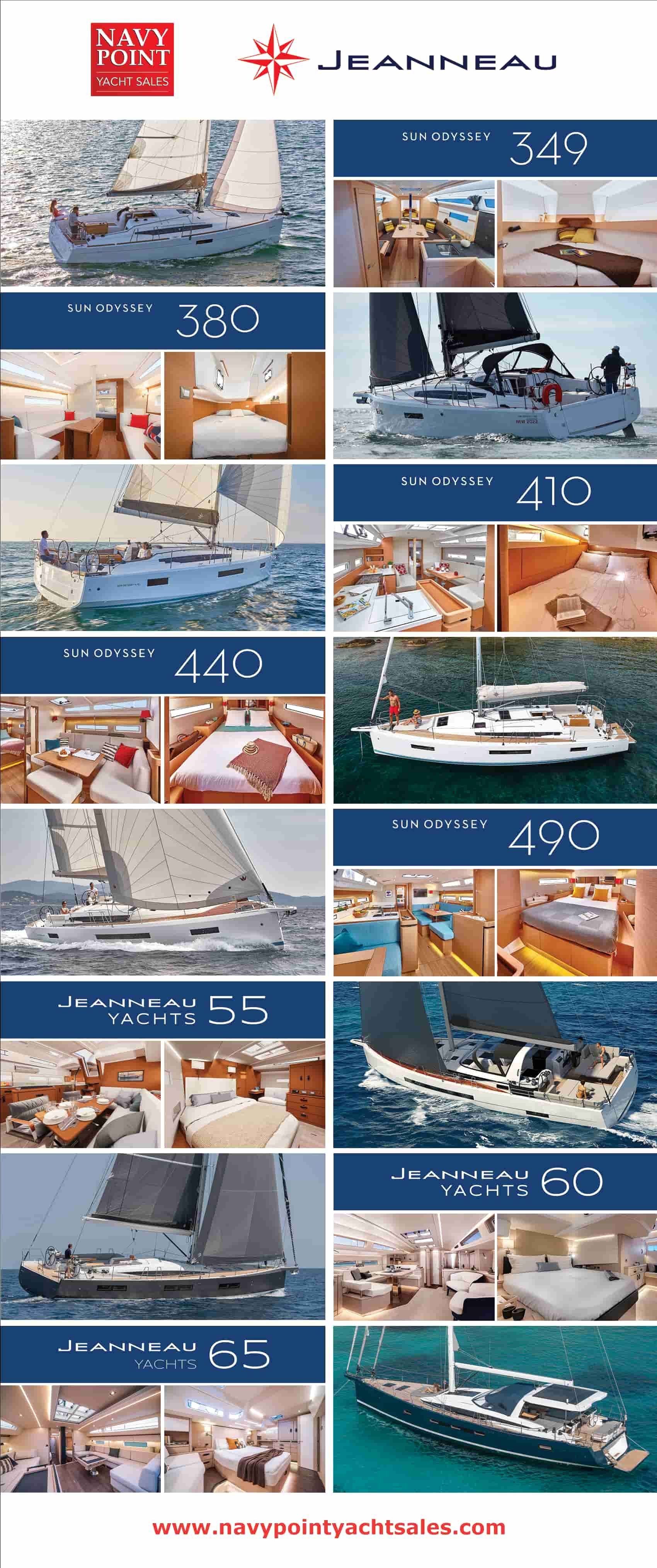 A promotional advertisement displaying various Jeanneau yacht models and interior images for Neptune Yachts, including models 349, 380, 410, 440, 490, 55, 60, and 65, along with the Navy Point Yacht Sales logo and website URL.
