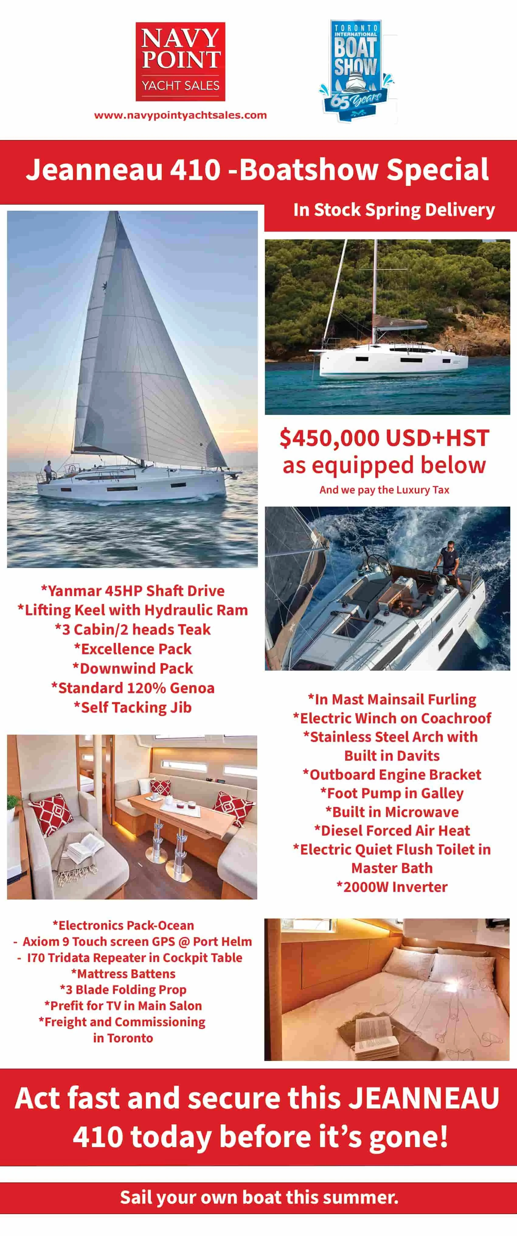 An advertisement for a yacht sale featuring images of a sailing yacht, a motor yacht, and interior views of the yacht's cabins and main salon, emphasizing features and pricing.