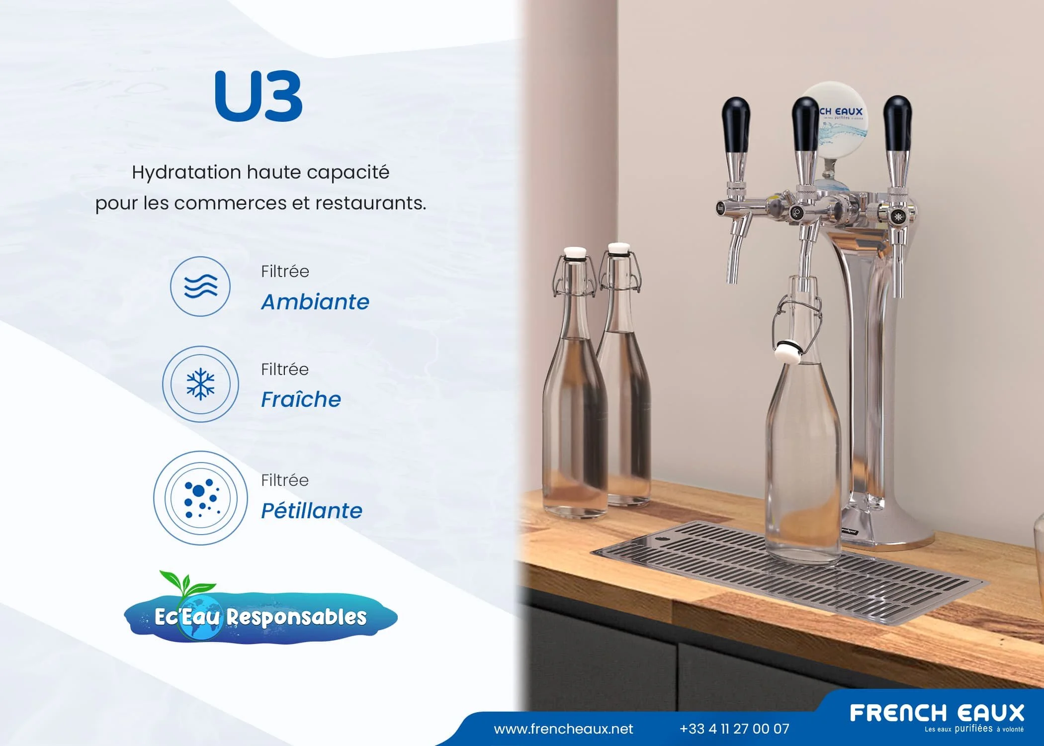 A set of three beer tap handles on a wall-mounted faucet system for dispensing water, with two glass bottles on the countertop and a small faucet in the background, part of a water filtering station.