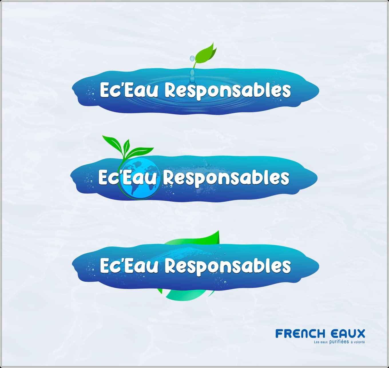 "Ec’Eau Responsables" logos with green leaves and water-themed designs on a light background, labeled "French Eaux."