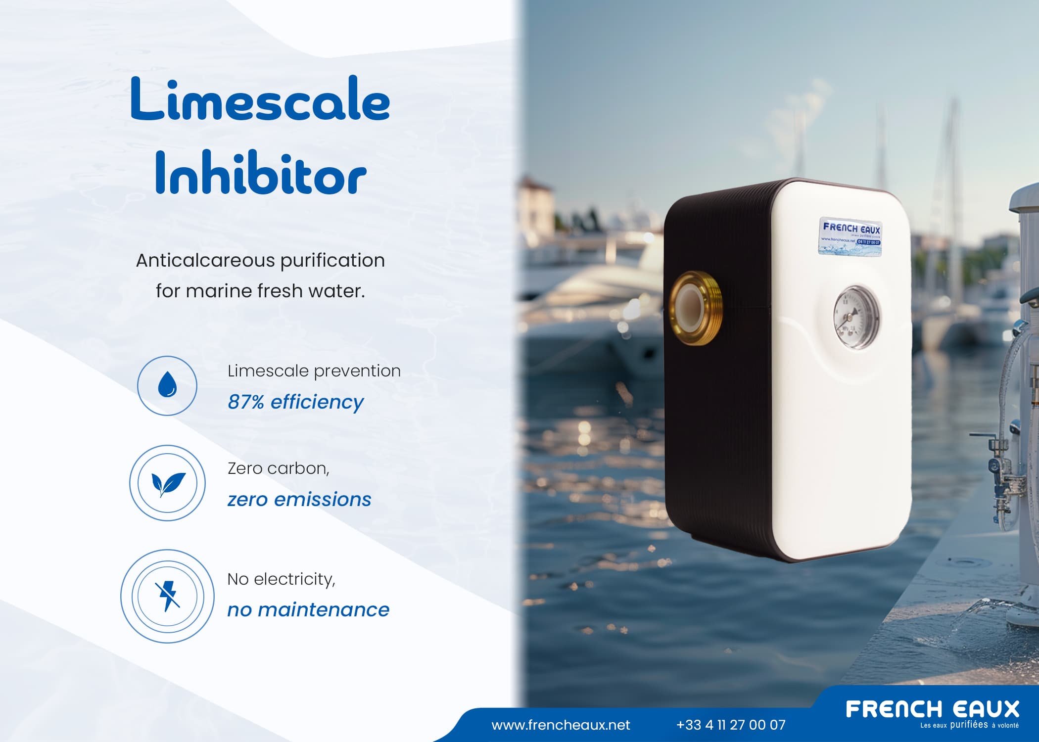 A poster showing a marine water purification system branded as French Eaux with a marina in the background. The poster highlights benefits such as limescale inhibitor, 87% efficiency, zero emissions, and no maintenance.