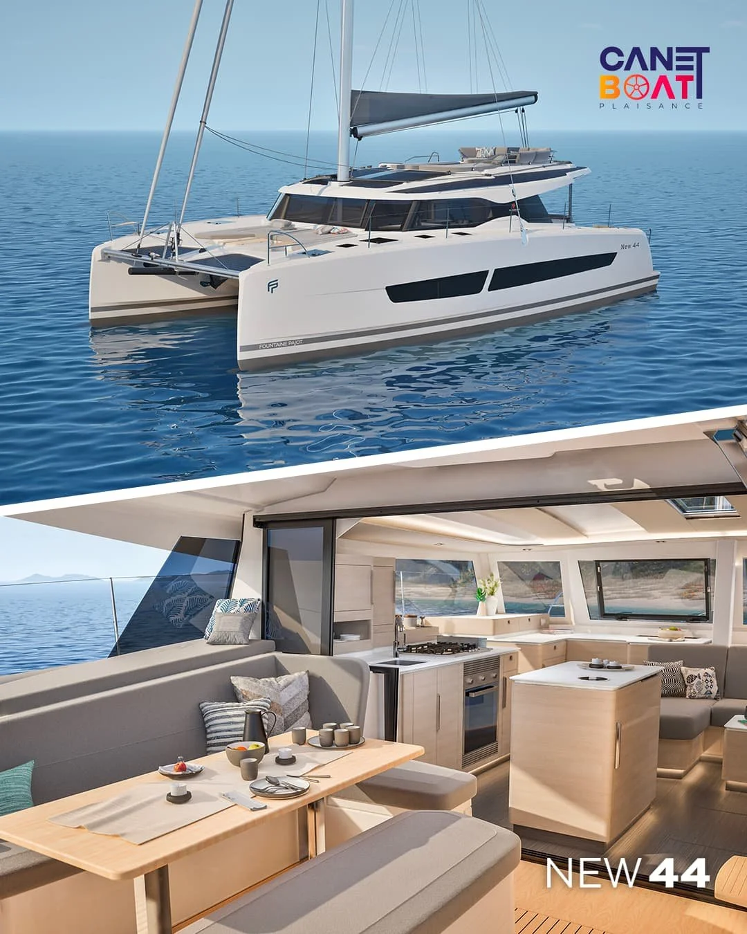 A luxury sailing catamaran yacht on the water with an elegant interior showing a dining area and kitchen on a boat.