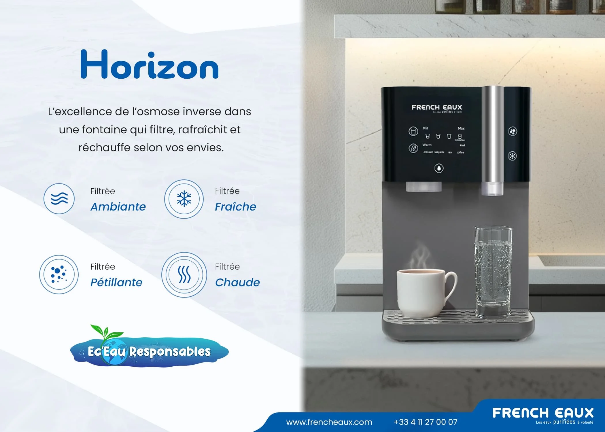 A promotional image for French Eaux water purification system featuring a sleek black water dispenser on a kitchen countertop, with a glass of water and a white mug in front of it. The background includes part of a kitchen wall with geometric design and a logo reading 'Eau Responsables' with a small plant symbol, emphasizing environmental responsibility.