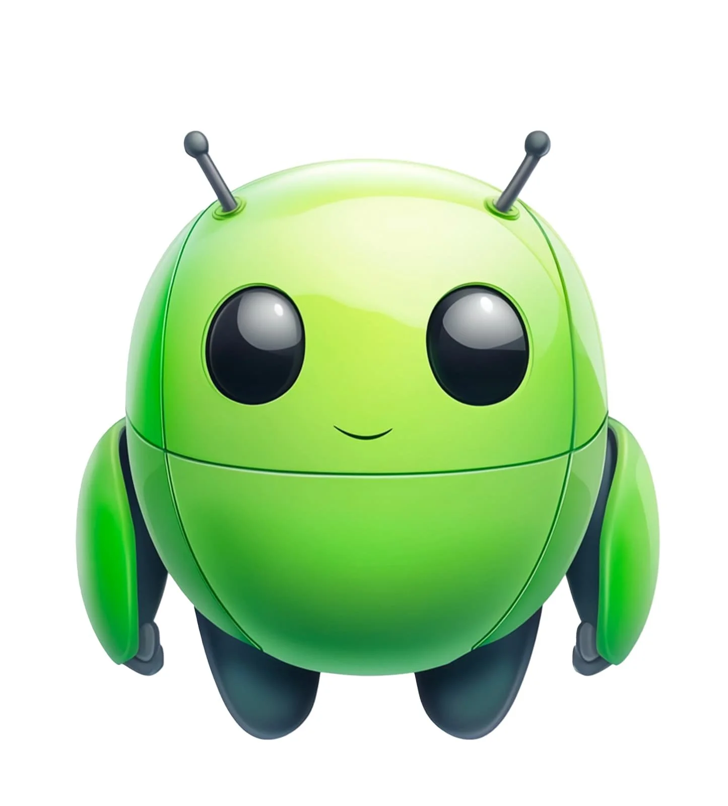 Cute green cartoon robot with antennas and a smiling face on a white background.
