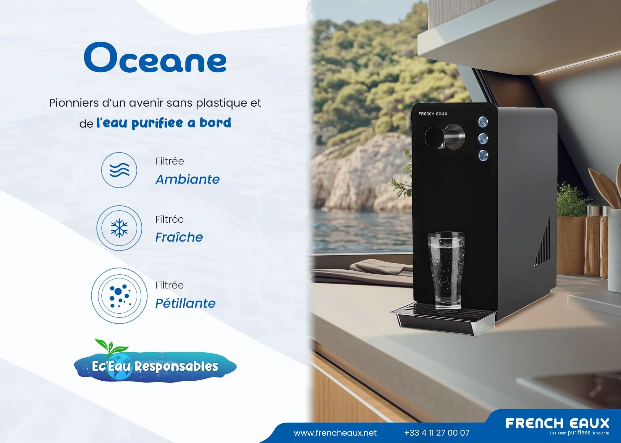 A water purifier machine on a kitchen counter with a glass of water underneath, next to plant pots, with a backdrop of mountains and water outside.