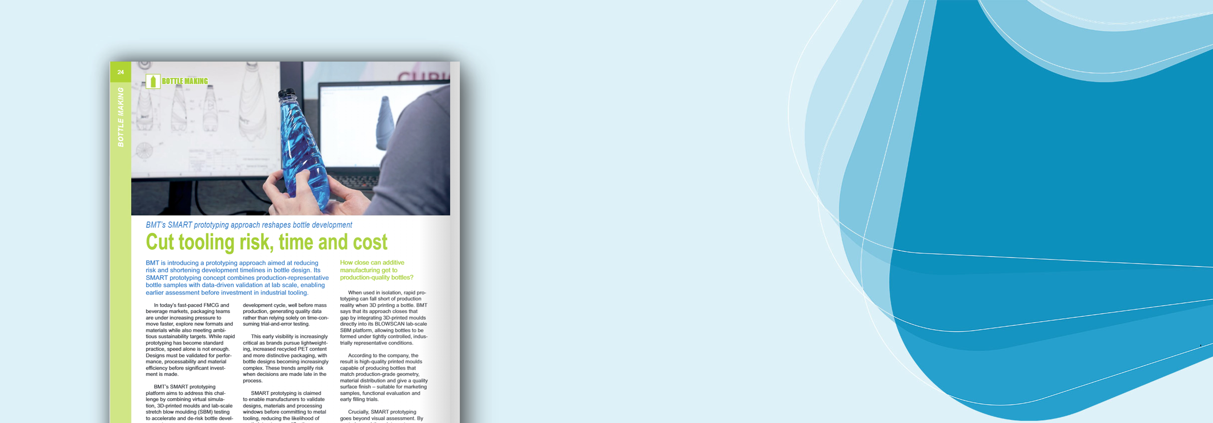 Page from a document or magazine discussing bottle manufacturing, showing a person holding a blue plastic bottle and a computer screen in the background.