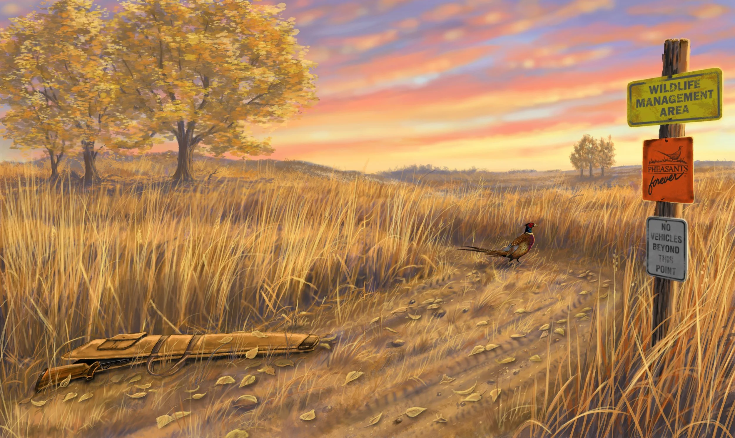 Pheasants Forever Magazine Fall 2024 
Illustration for the story "First Rooster' Forgotten Gun" by Garhart Stephenson