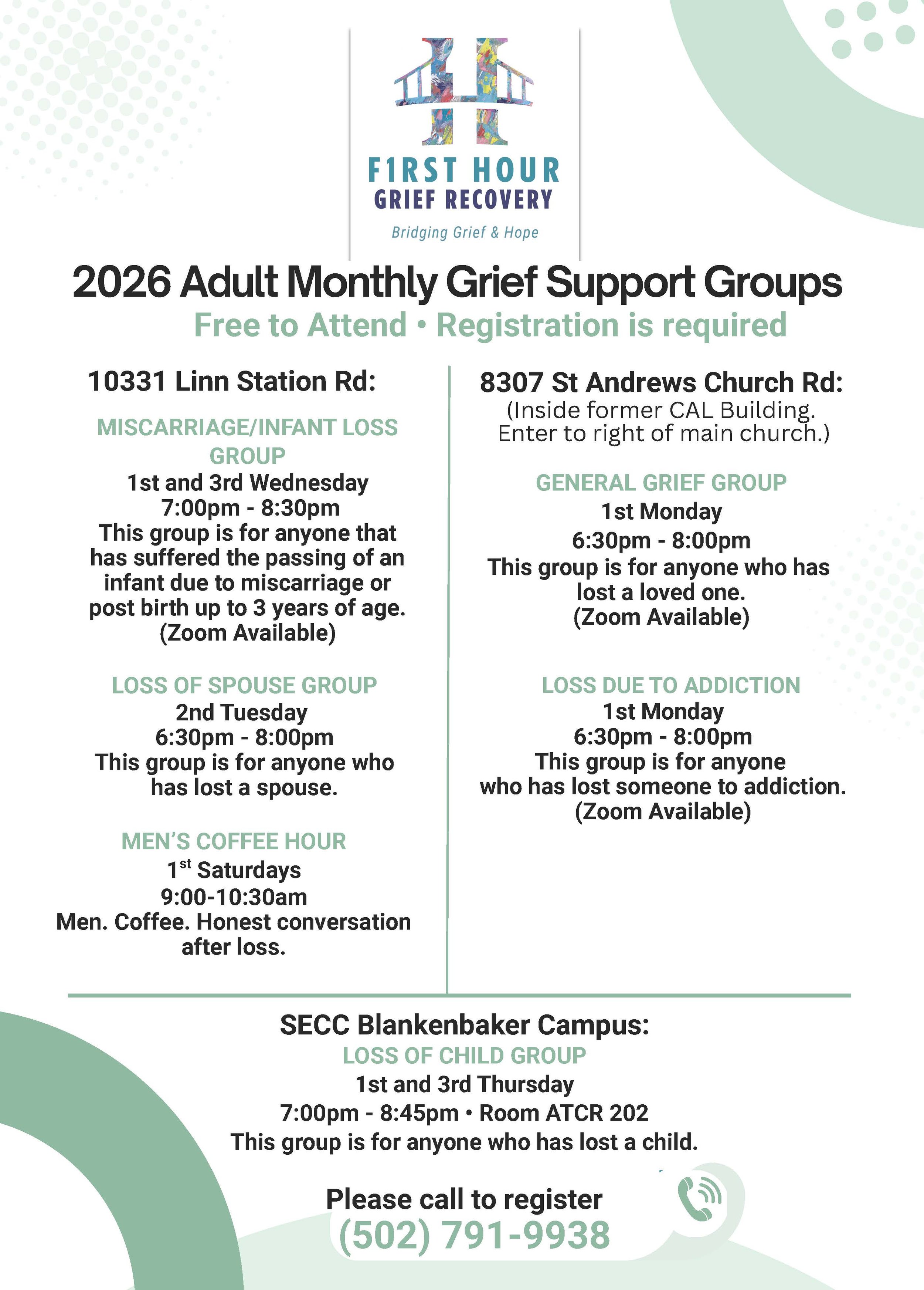 First Hour Grief Recovery Presents: 2026 Adult Monthly Grief Support Groups 