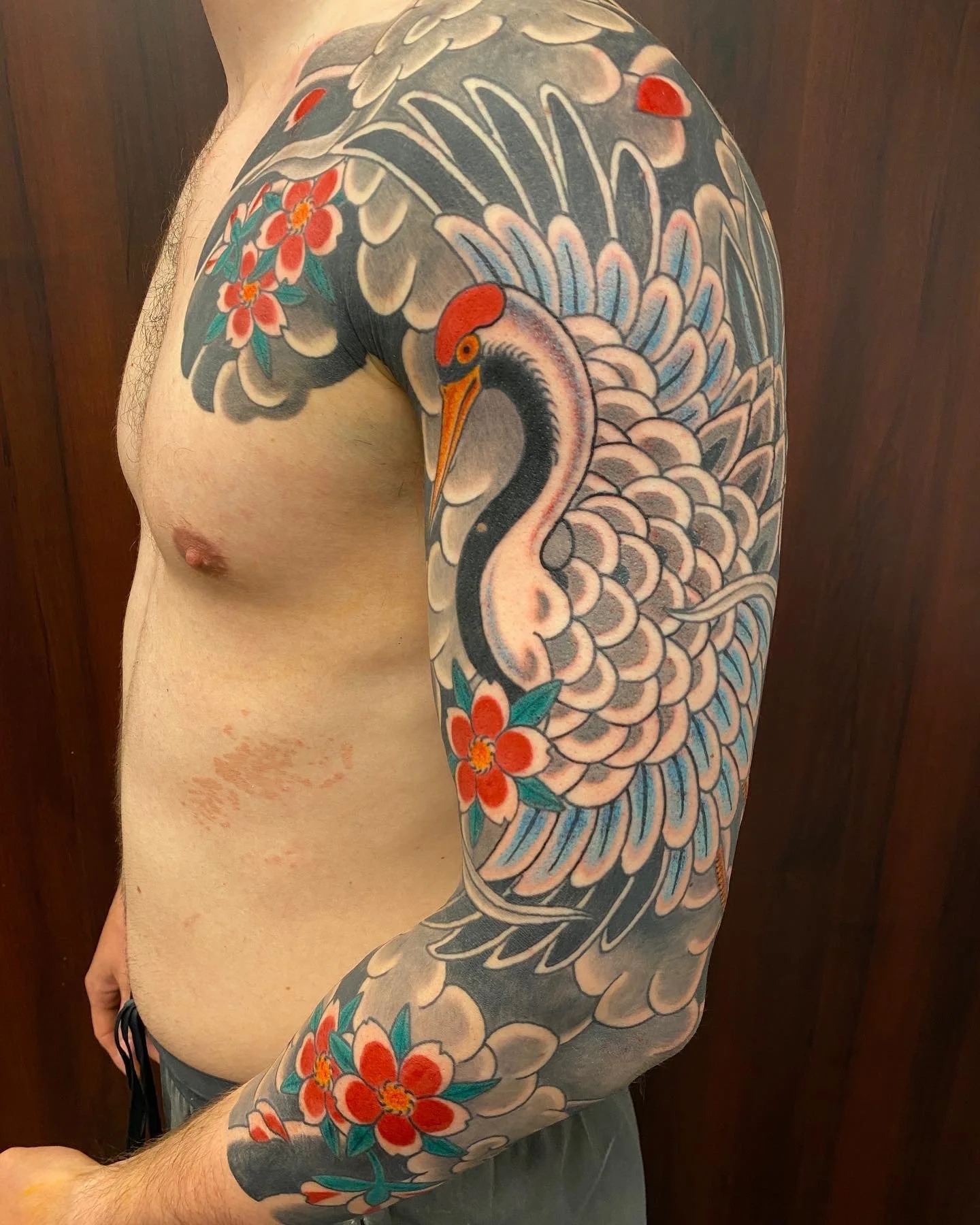 Japanese Crane tattoo sleeve Scott Ellis prague 
