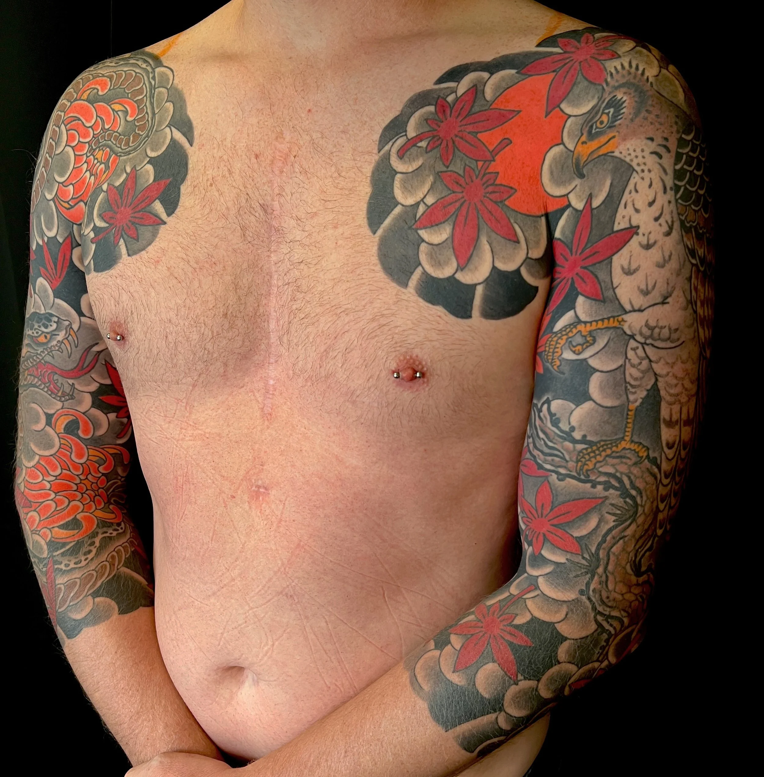 Japanese hawk Tattoo sleeve Scott Ellis Prague