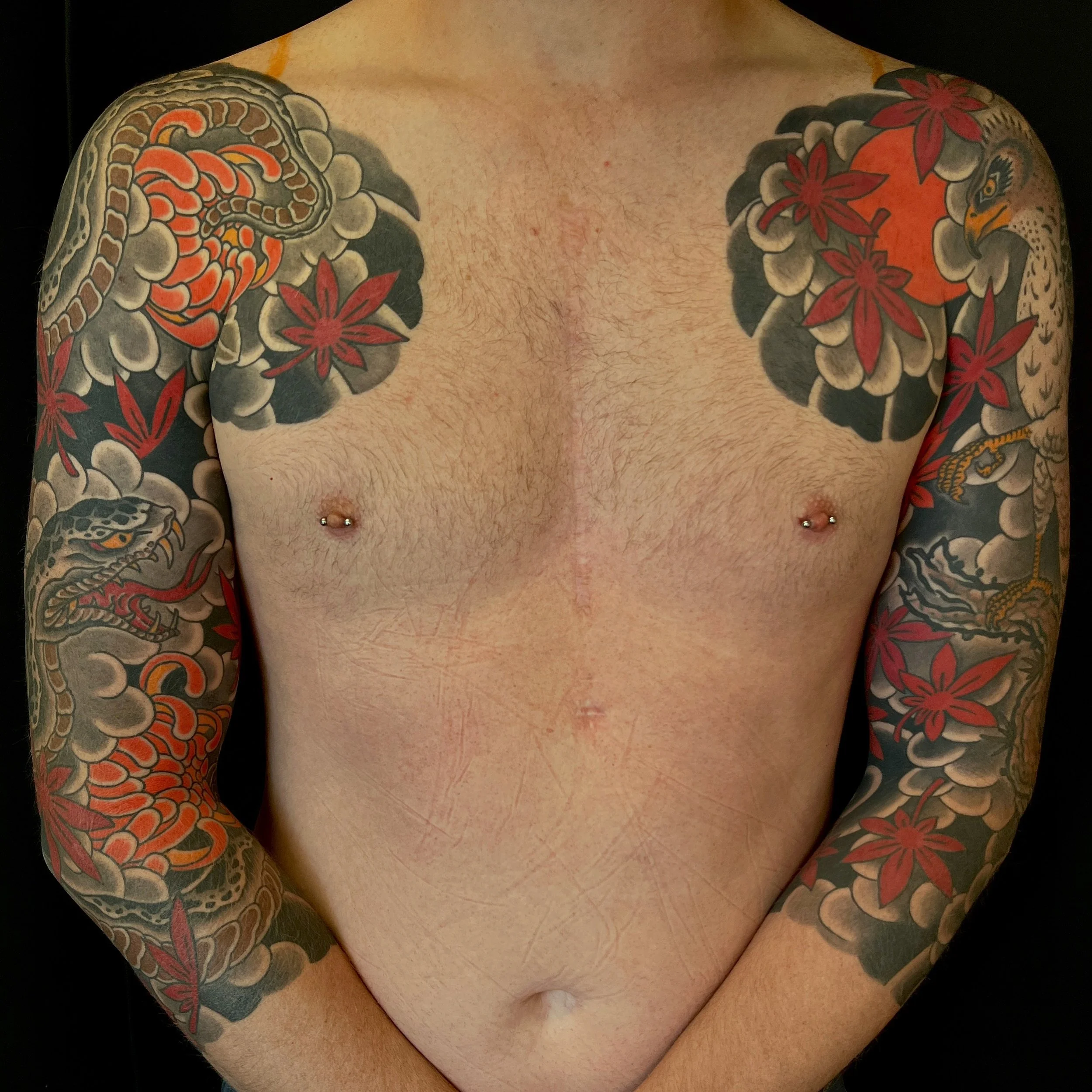 Japanese sleeve tattoo snake hawk Scott Ellis Prague